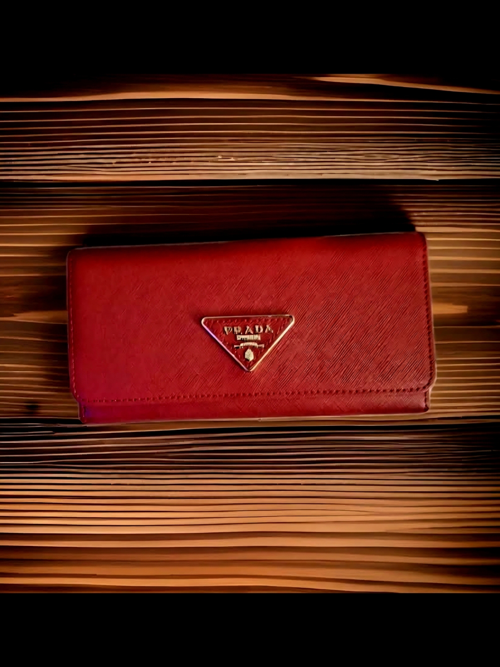 Red Textured Leather Continental Wallet with Gold Triangle Logo